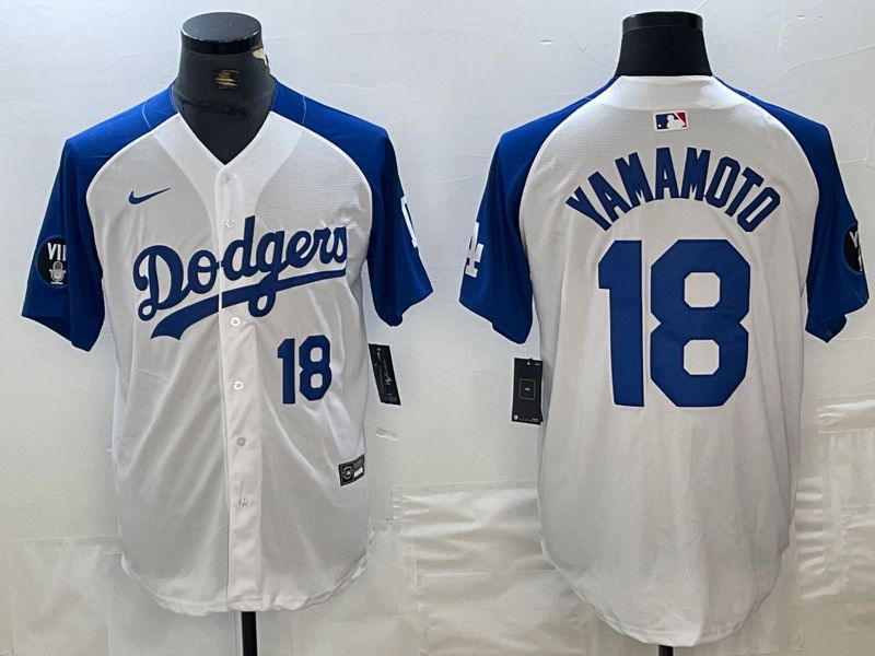 Men Los Angeles Dodgers 18 Yamamoto White blue Fashion Nike Game MLB Jersey style 8
